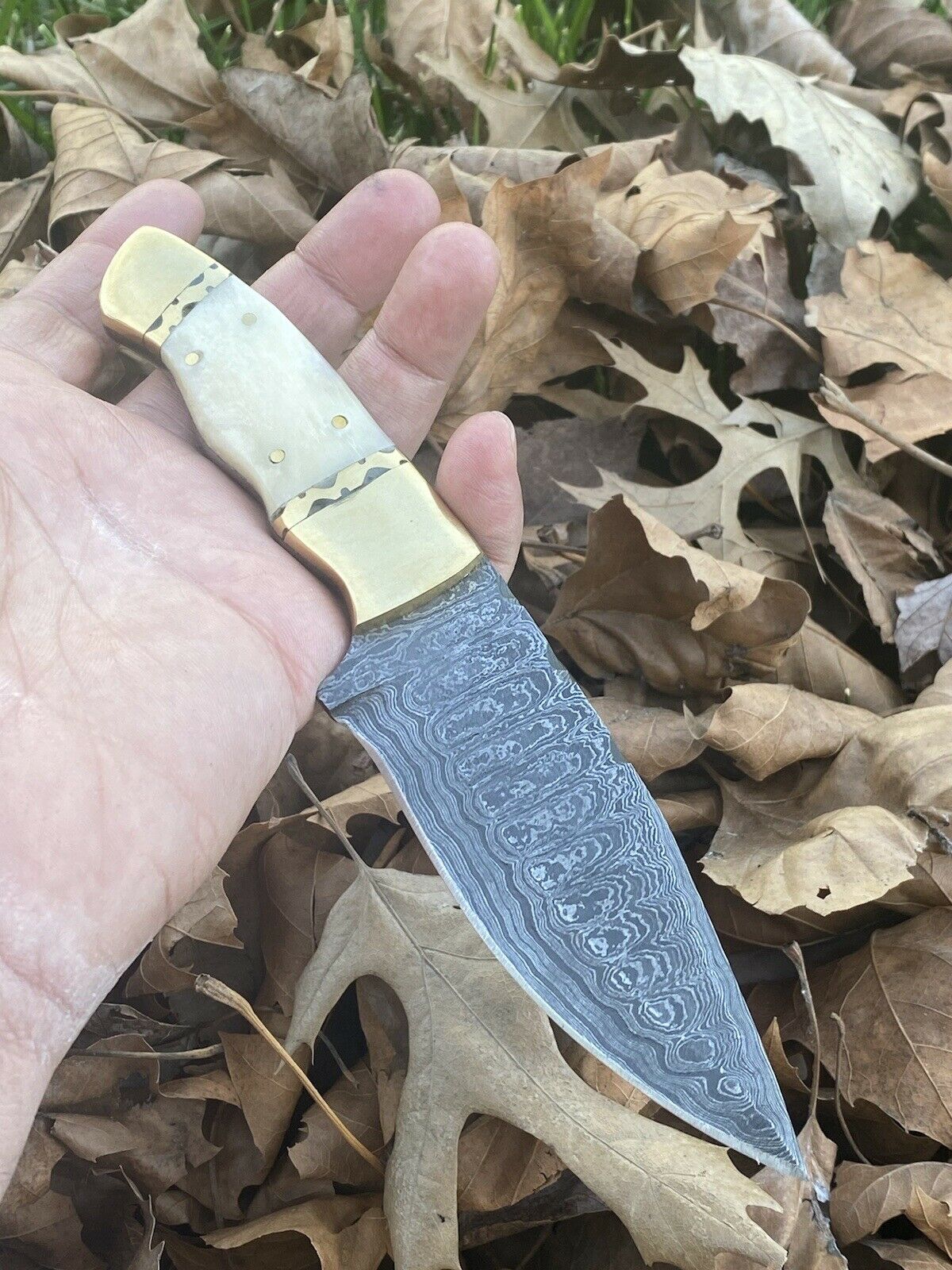 HS-446 | Custom Handmade Damascus Steel Hunting knife - Brass & Bone Handle