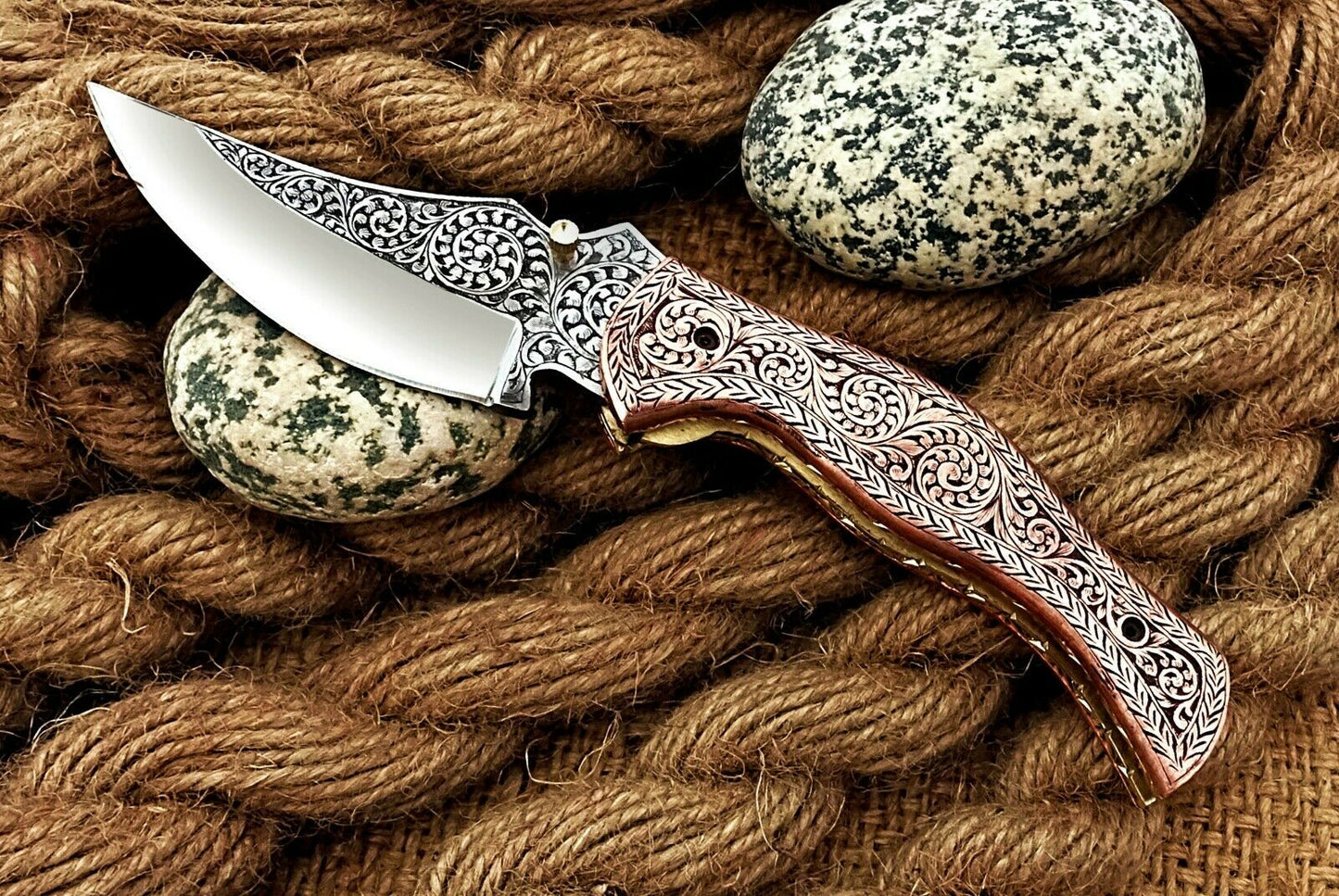 Custom Hand Engraved Folding-Pocket Knife Life Time Used With Copper Engraved Handle