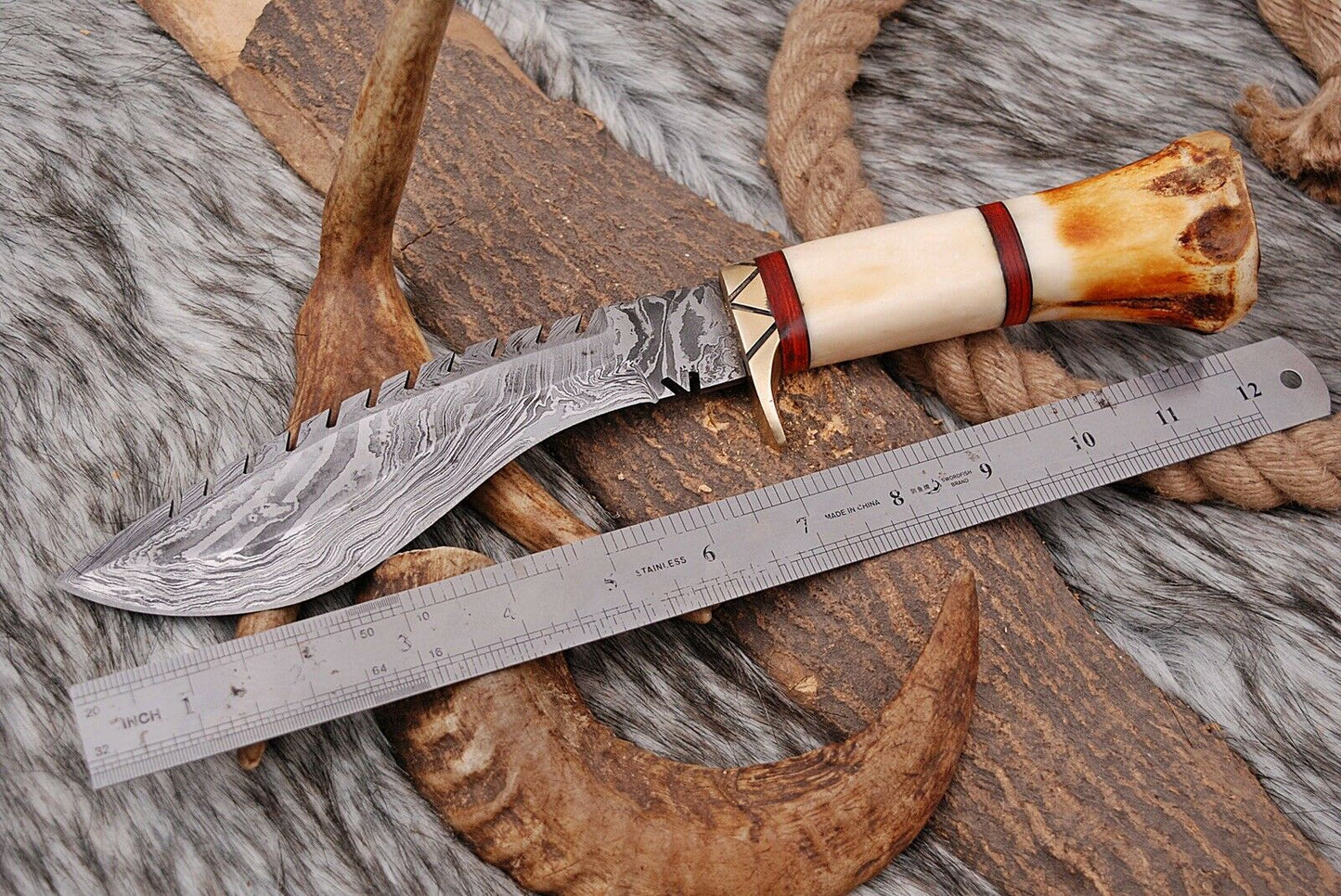 HS-873 Custom Handmade Damascus Steel 12 Inch Kukri Knife - Awesome Hard Wood Handle