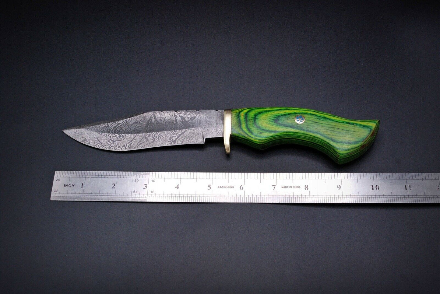 HS-443 | Ten Inch Custom Handmade Damascus Steel Hunting knife - Green Wood Handle