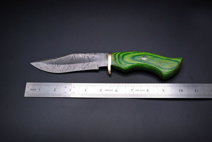 HS-443 | Ten Inch Custom Handmade Damascus Steel Hunting knife - Green Wood Handle