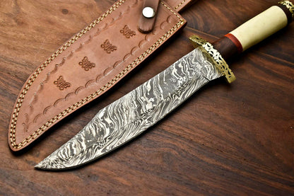 HS-332 | Custom Handmade Damascus Steel Hunitng/Bowie Knife - Camel Bone Handle