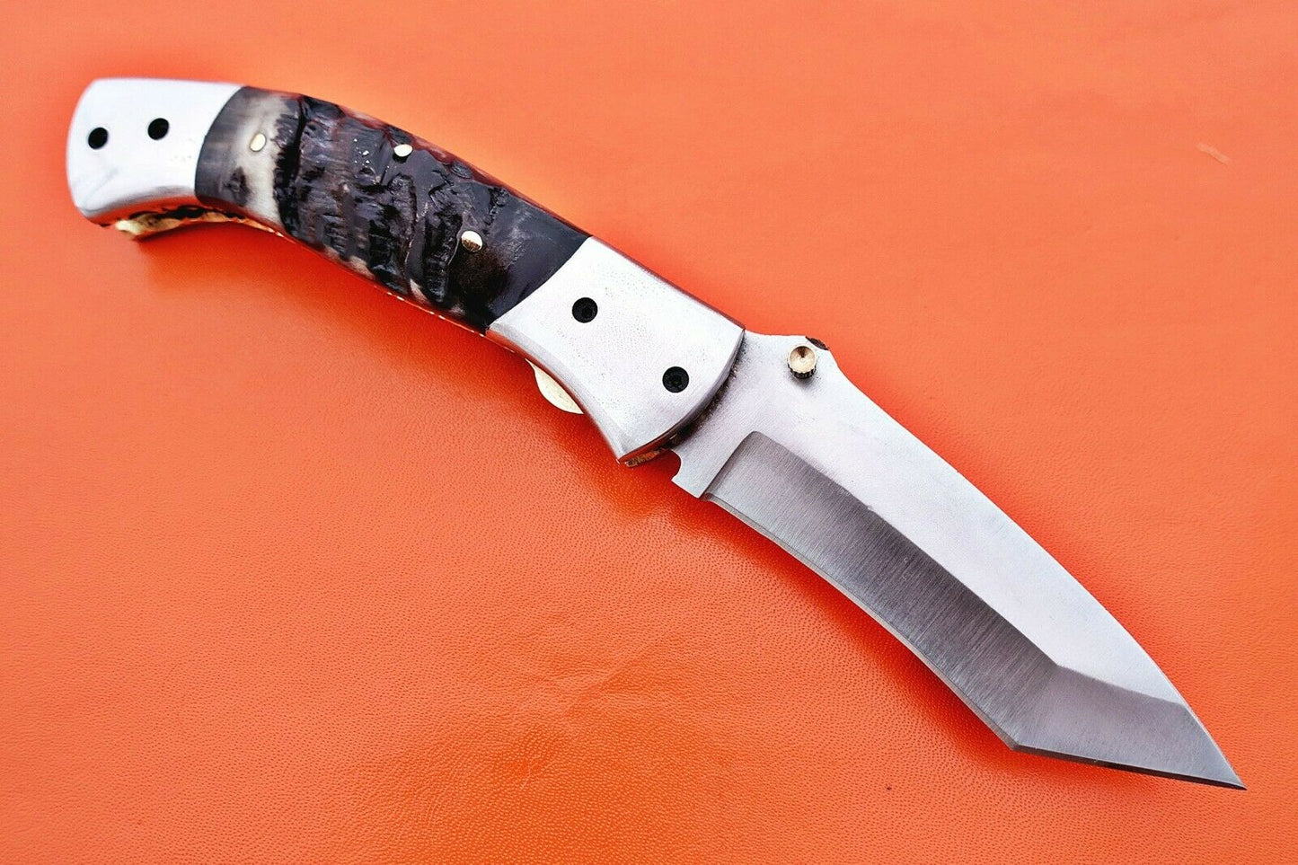 Custom Handmade Stainless Steel Bolsters Folding-Pocket Knife With Ram Horn Handle