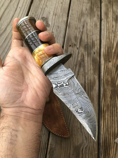 HS-460 Custom Handmade Damascus Steel Hunting Camping Best Knife - Awesome Colour Camel Bone - Very Reasonable Price