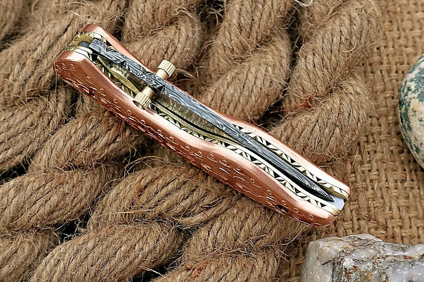 Custom Handmade Damascus Folding-Pocket Knife With Copper Engraved Handle