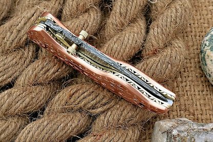 Custom Handmade Damascus Folding-Pocket Knife With Copper Engraved Handle