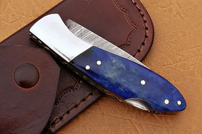 Custom Handmade Damascus Pocket Knife With Colour Camel Bone Handle