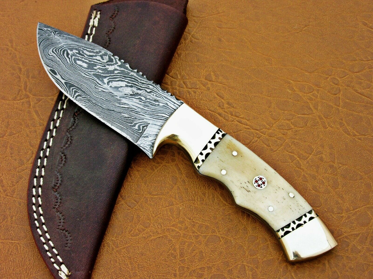 HS-775 Custom Handmade Damascus Skinner Knife With Camel Bone Handle
