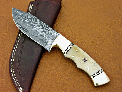 HS-775 Custom Handmade Damascus Skinner Knife With Camel Bone Handle