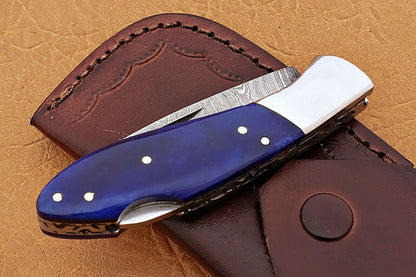 Custom Handmade Damascus Pocket Knife With Colour Camel Bone Handle