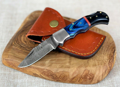 Custom Handmade Damascus Steel Back-Lock Pocket | Folding Knife | Leather Sheath- Different Handle