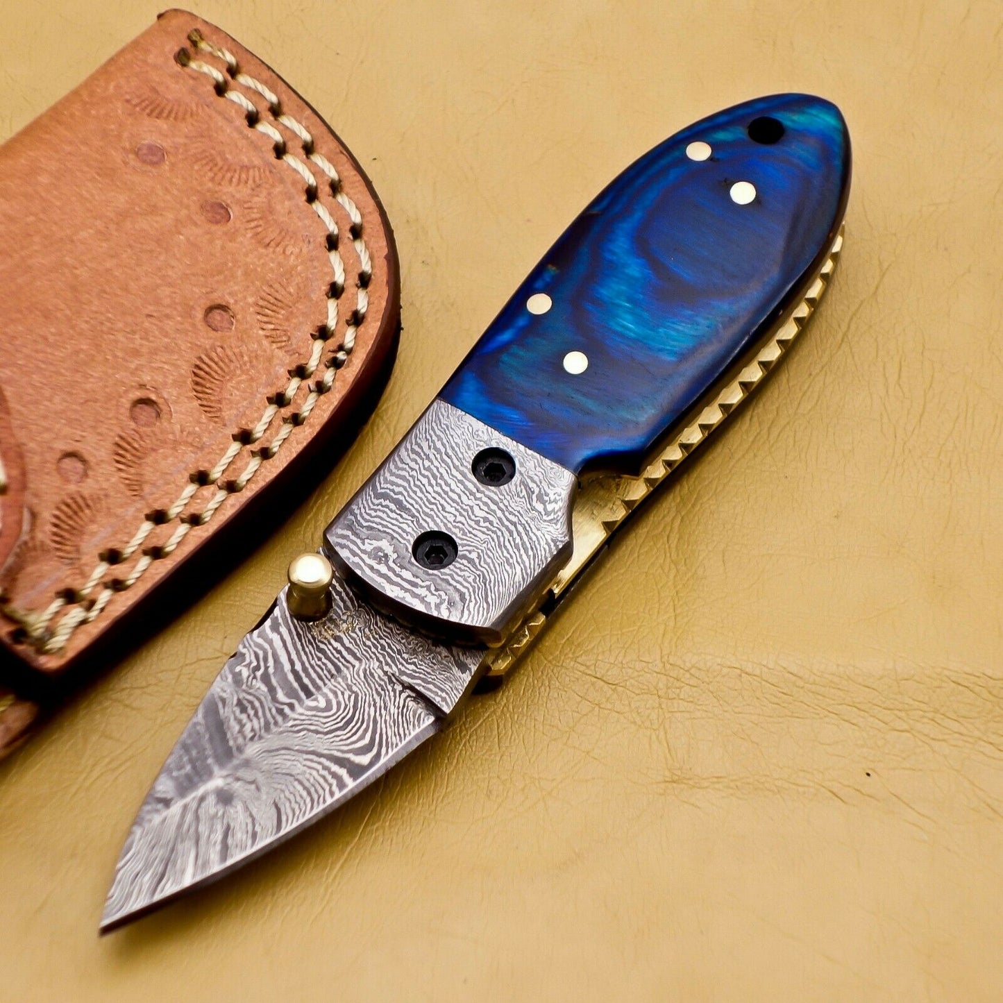 Custom Handmade Damascus Folding-Pocket Knife With Blue Hard Wood Handle