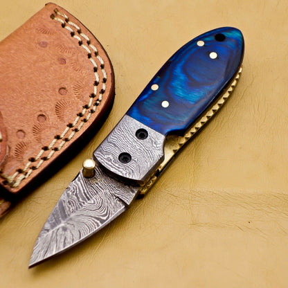 Custom Handmade Damascus Folding-Pocket Knife With Blue Hard Wood Handle