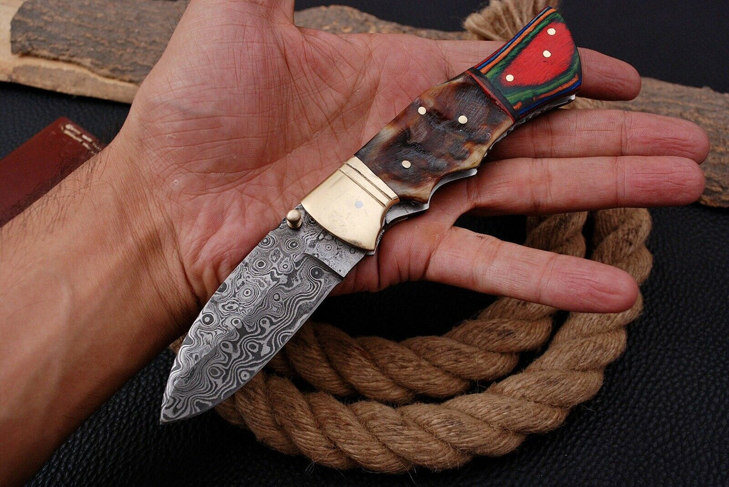 Custom Handmade Damascus Folding-Pocket Knife With Hard Wood Handle
