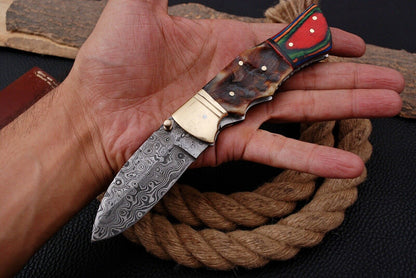Custom Handmade Damascus Folding-Pocket Knife With Hard Wood Handle