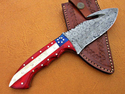 HS-774 Custom Handmade Damascus Skinner Knife With Camel Bone & Hard Wood Handle