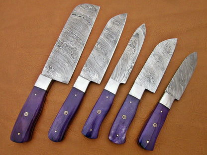 HS-194 Custom Handmade Damascus Kitchen Knives With Colour Bone Handle Handle
