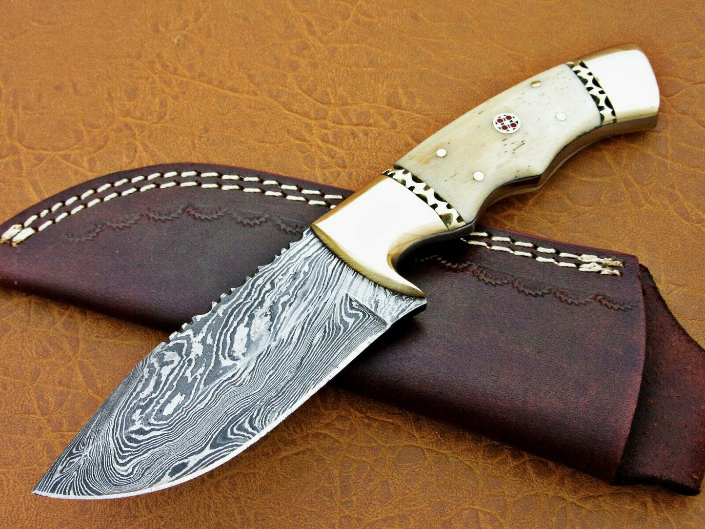 HS-775 Custom Handmade Damascus Skinner Knife With Camel Bone Handle
