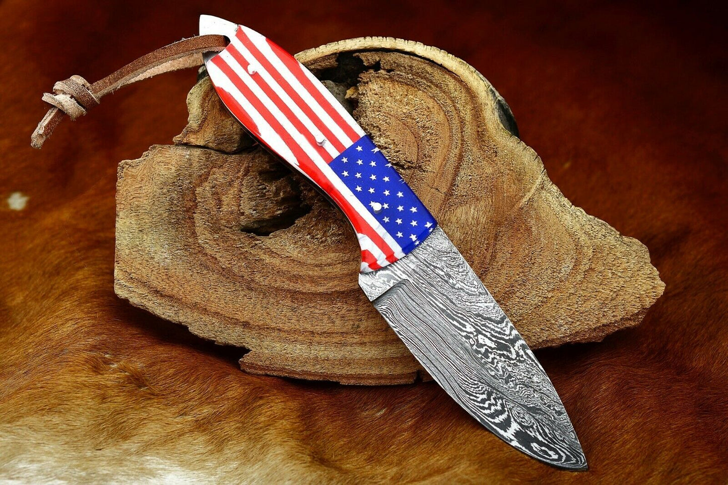 HS-796 Custom Handmade Damascus Skinner Knife With American Flag sheet Handle