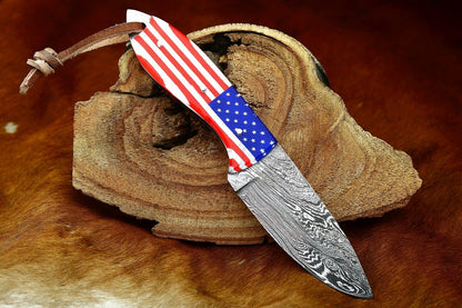 HS-796 Custom Handmade Damascus Skinner Knife With American Flag sheet Handle
