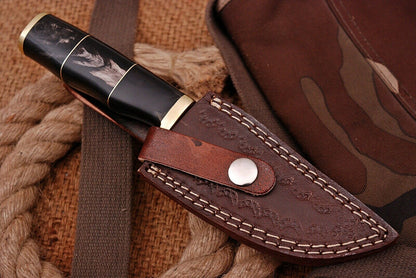HS-494 Custom Handmade Damascus Hunting Knife With buffalo horn Handle