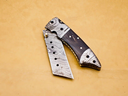 Custom Handmade Damascus Folding-Pocket Knife With Buffalo Horn Handle