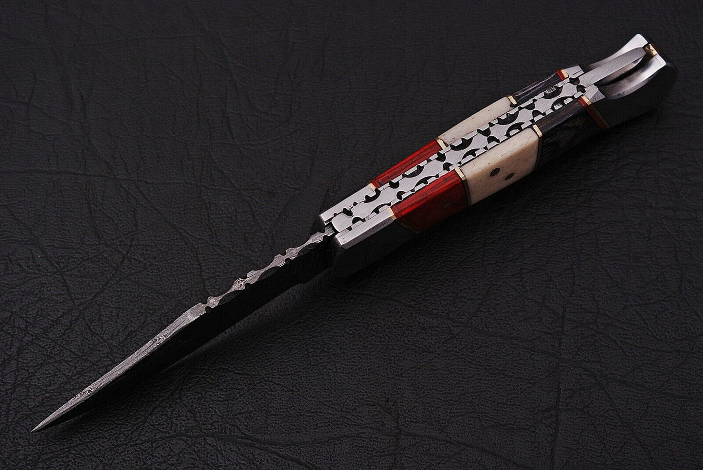 Custom Handmade Damascus Folding-Pocket Knife With Hard Wood & Bone Handle