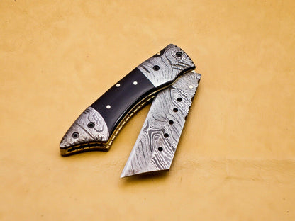 Custom Handmade Damascus Folding-Pocket Knife With Buffalo Horn Handle