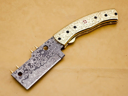 Custom Handmade Damascus Folding-Pocket Knife With Brass Engraved Handle