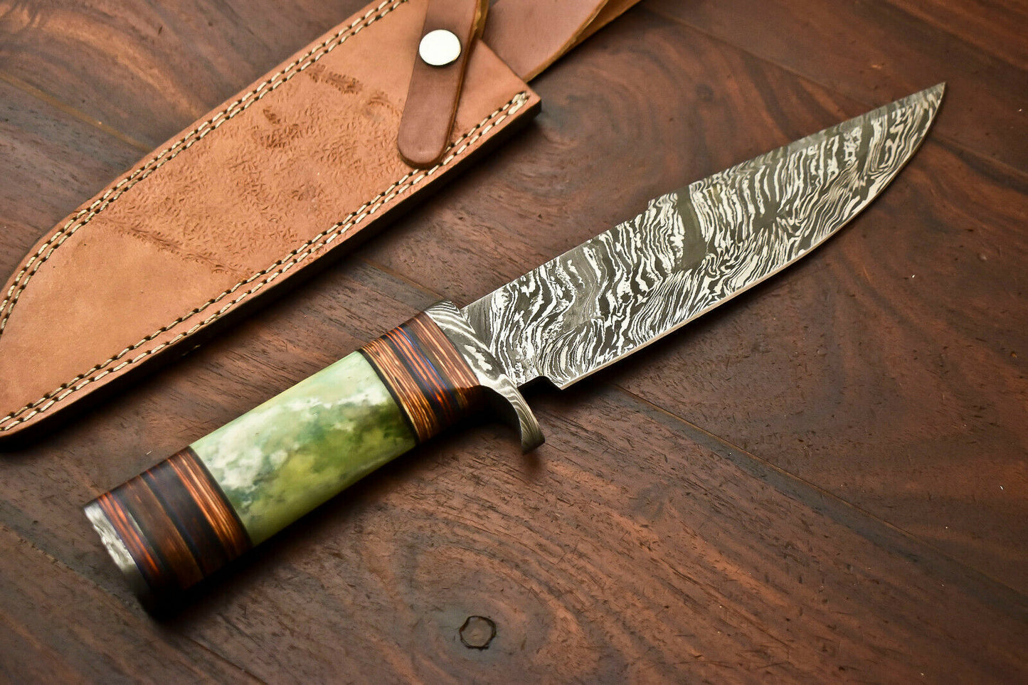 HS-416 | Custom Handmade Damascus Steel Hunting Knife - Beautiful Camel Bone Handle