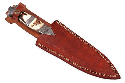 HS-859 Custom Handmade Damascus Steel Dagger Fix knife - Stag Horn Handle