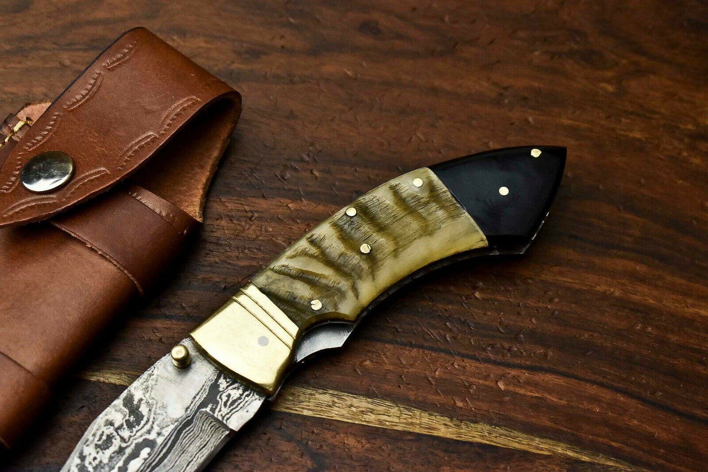HS-1138 Custom Handmade Damascus Steel Blade Liner-Lock Pocket Folding Knife| RAM'S HORN
