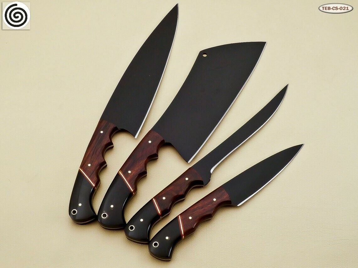 HS-140  Custom Handmade D2-Tool Steel 4 Pc's Chef Set Powder Coated with Leather Sheath