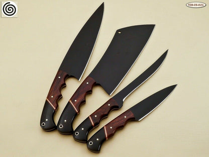 HS-140  Custom Handmade D2-Tool Steel 4 Pc's Chef Set Powder Coated with Leather Sheath