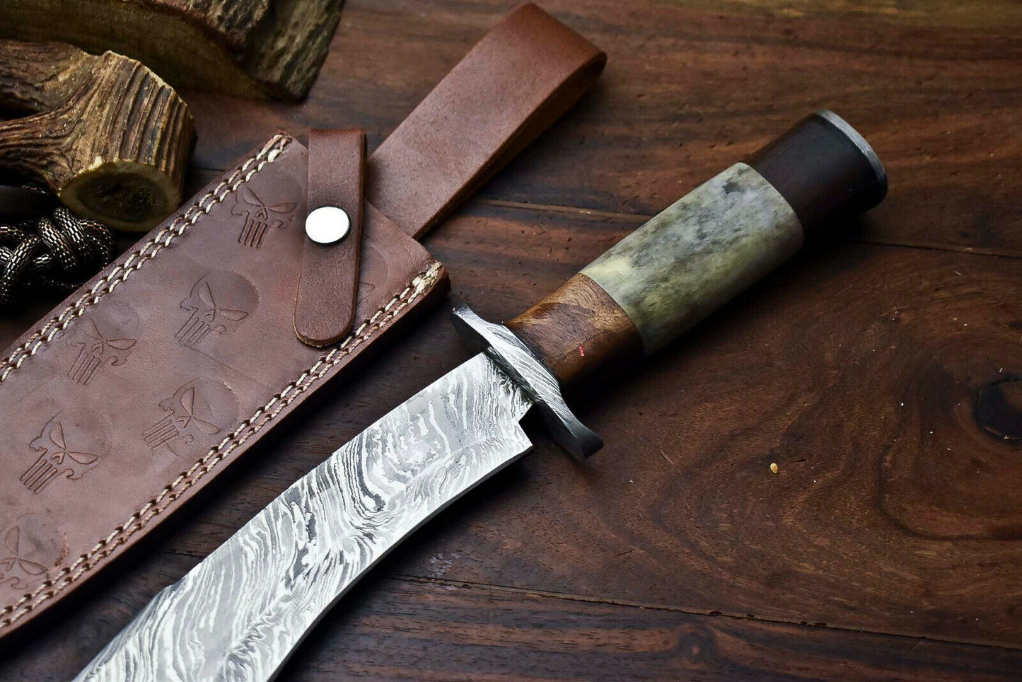 HS-326 | Custom Handmade Damascus Steel Bowie/Hunting Knife - Camel Bone Handle