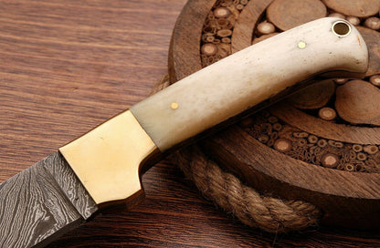 HS-760 Custom Handmade Damascus Skinner Knife + Brass Bolster And Camel Bone Handle