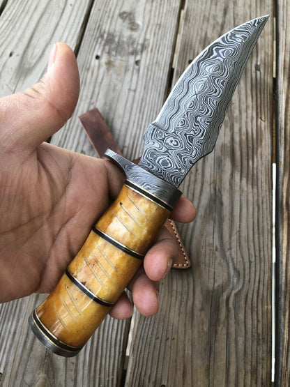 HS-461 Custom Handmade High Carbon Damascus Steel Hunting Camping Best Knife - Awesome Colour Camel Bone Handle