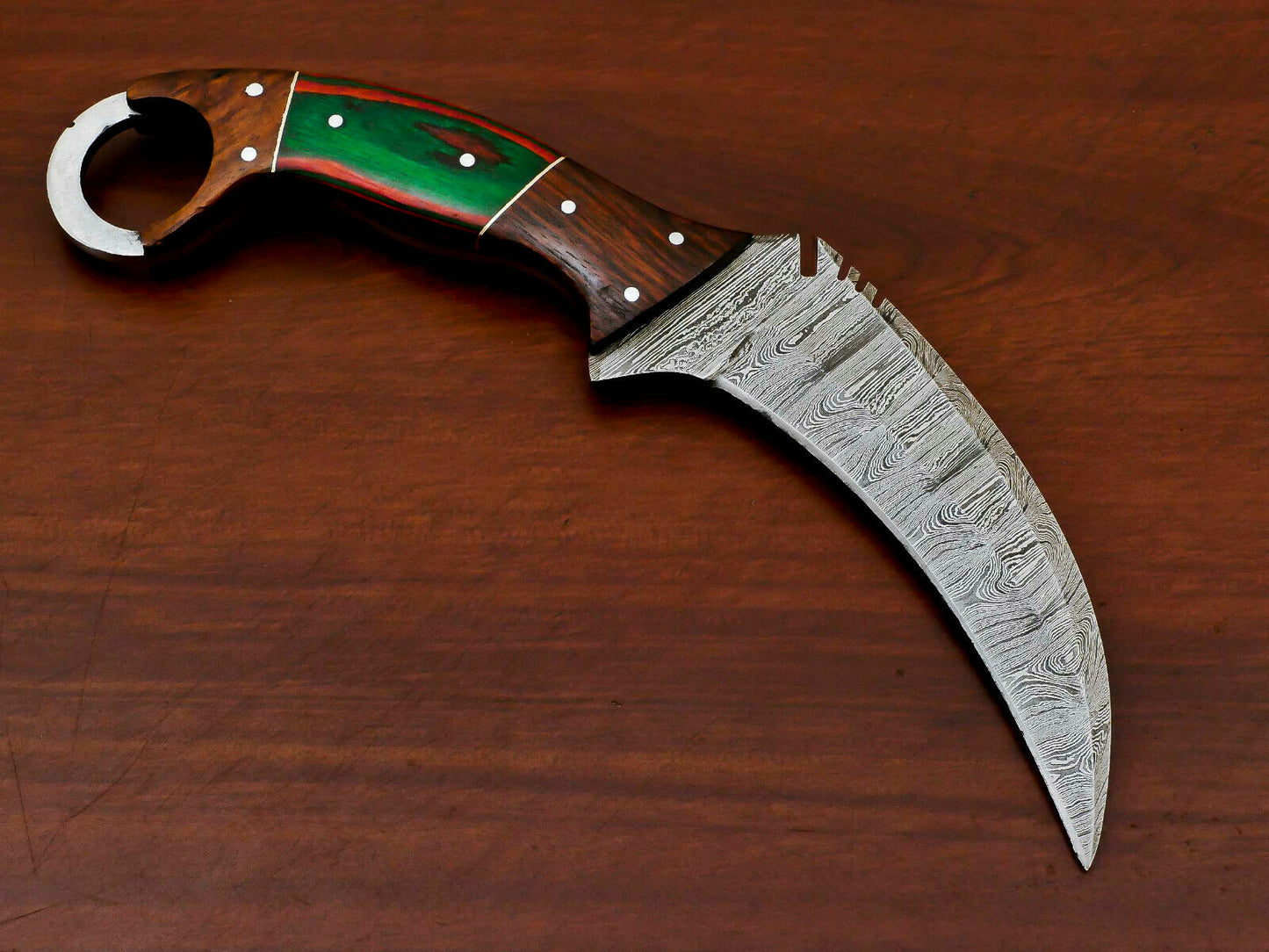 HS-888 HANDMADE DAMASCUS CUSTOM ROSE/PAKKA WOOD KARAMBIT HUNTING KNIFE