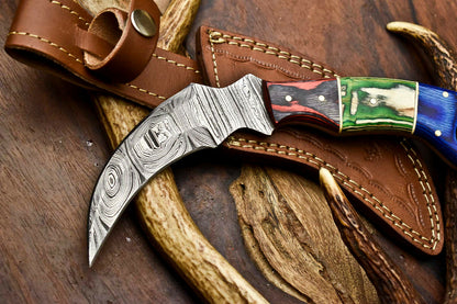 HS-910 Custom Handmade Damascus Steel Karambit Knife - Beautiful Hard Wood Handle