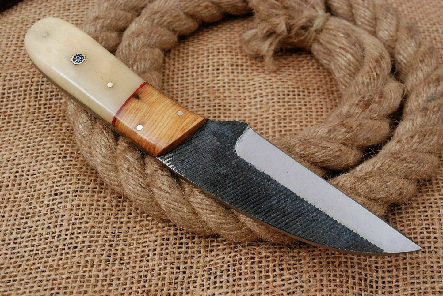 HS-753 Custom Hand Forged Railroad Steel Skinner Knife 8.0 inch Overall And Camel Bone+Wood Handle