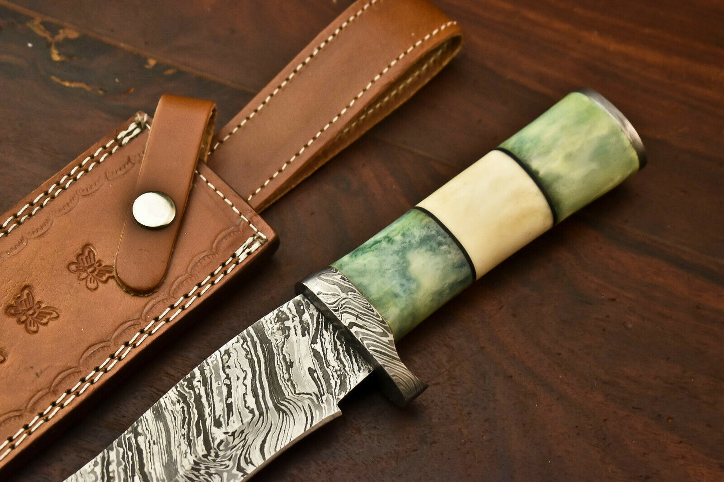 HS-329 | Custom Handmade Damascus Steel Hunitng/Bowie Knife - Colour Camel Bone Handle