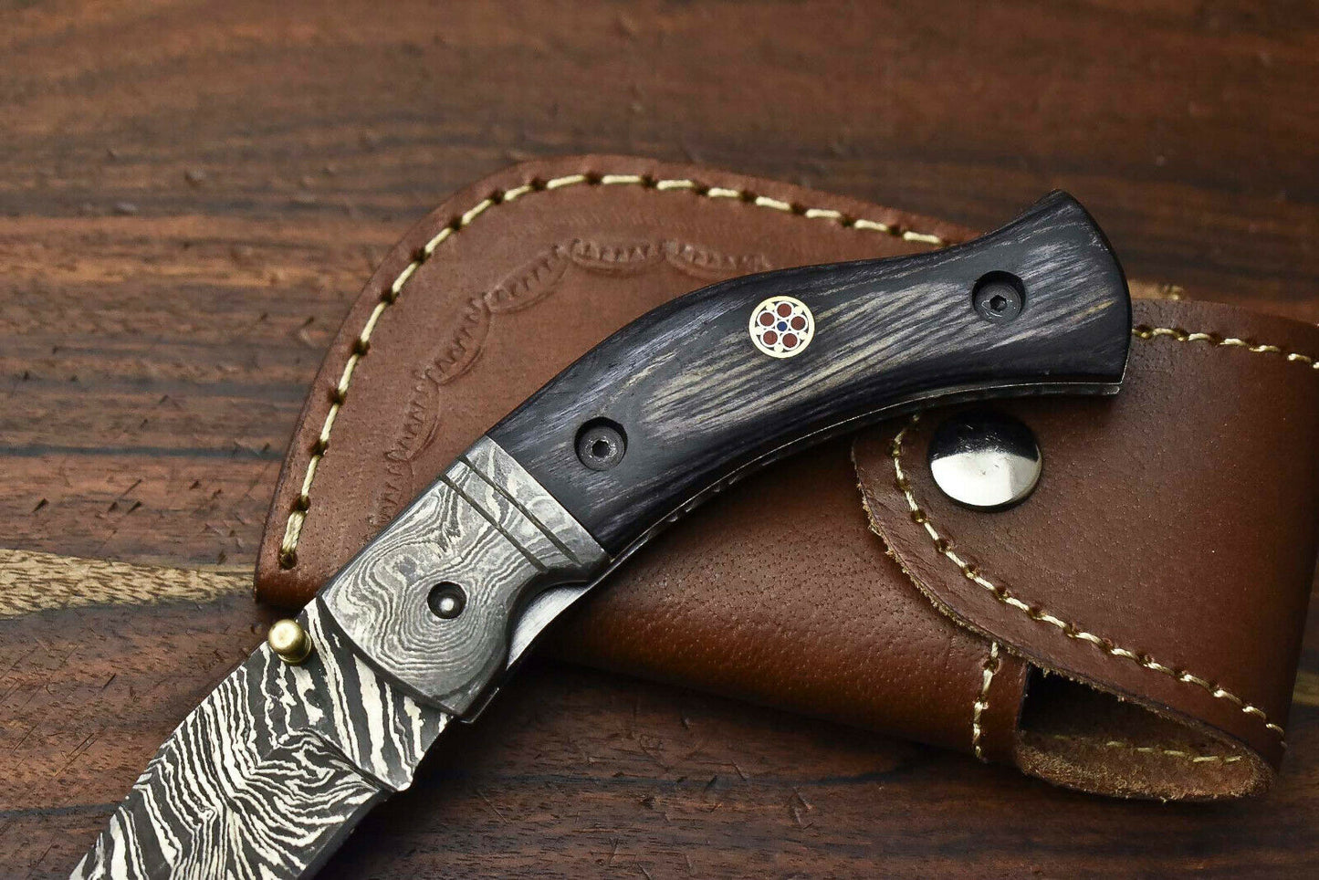 HS-1134 Custom Handmade Damascus Steel Blade Liner-Lock Pocket Folding Knife| HARD WOOD
