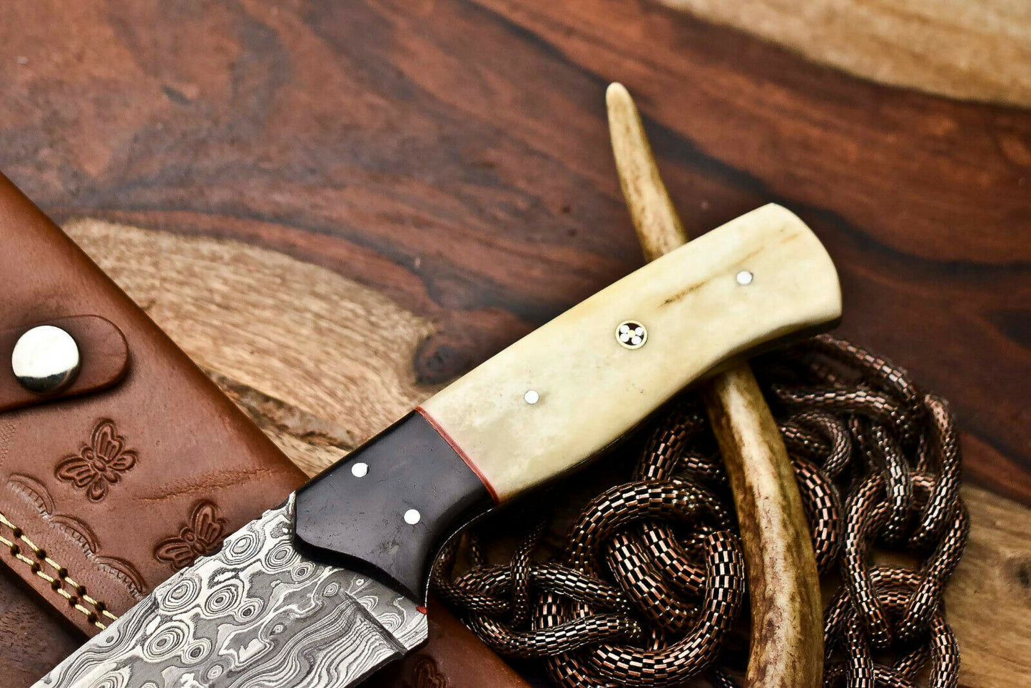 HS-405 | Custom Handmade Awesome Camel Bone/Buffalo Horn Handle Damascus Steel Hunting Knife - Great Price
