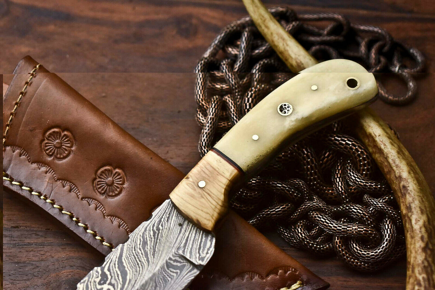 HS-720  Custom Handmade Camel Bone & Wood Handle Damascus Steel Skinner Knife - Great Price