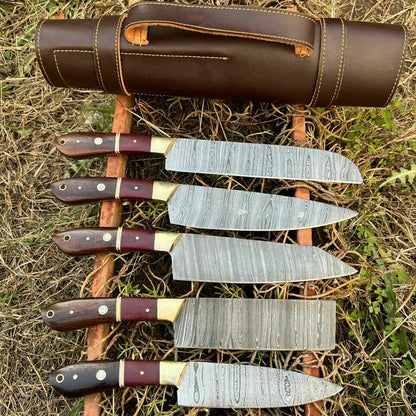 HS-128 '' Hand Forged Damascus Steel Hunting Chef Kitchen Knife Set W/ Sheath