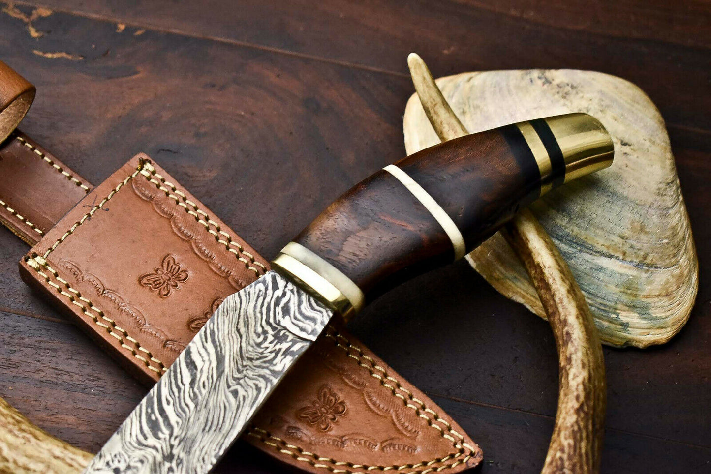 HS-328 | Custom Handmade Damascus Steel Hunitng/Bowie Knife - Wood + Brass Handle