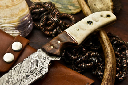 HS-414 | Custom Handmade Damascus Steel Hunting Knife - Wood & Camel Bone Handle
