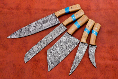 Hs-138 Custom Handmade Damascus Steel 5 Pc's Chef Set with Turquoise and Wood Handle