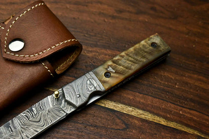 HS-1137 Custom Handmade Damascus Steel Blade Liner-Lock Pocket Folding Knife| RAM'S HORN