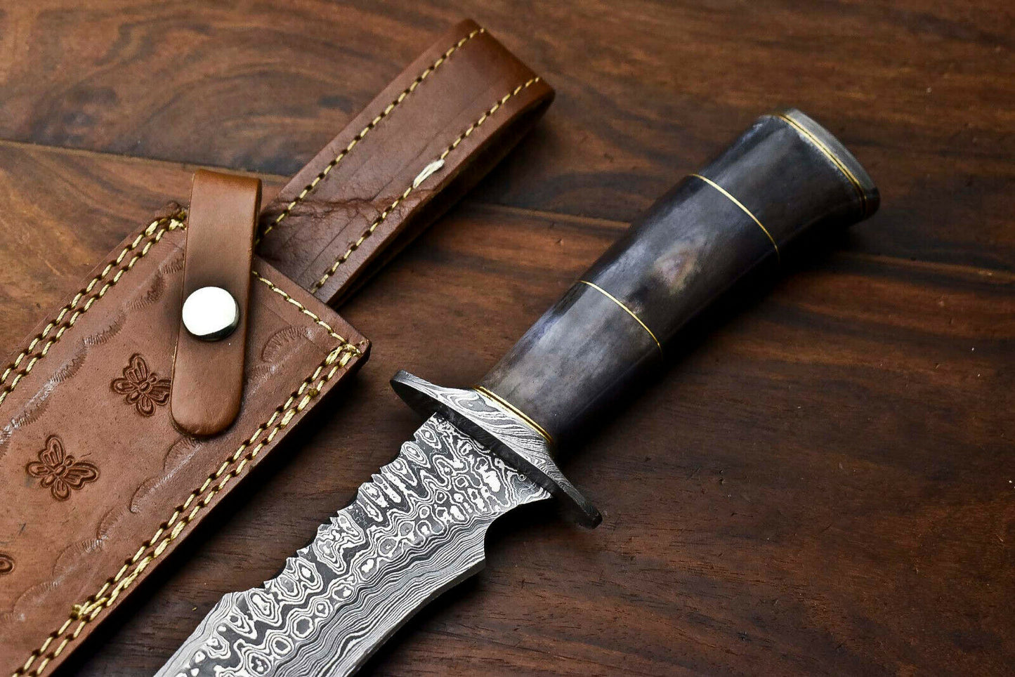 HS-412 | Custom Handmade Damascus Steel Hunting Knife - Buffalo Horn Handle